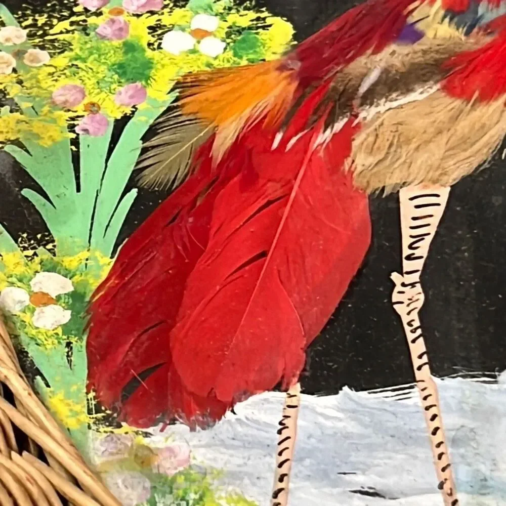 Vintage Mexico Bird Feather Folk Art Painted Wicker Basket Wall Decor 12